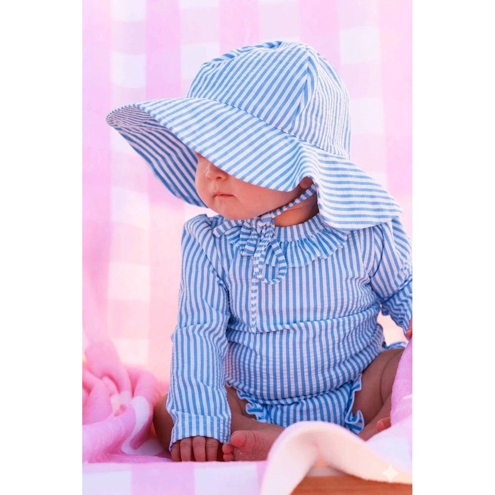 Caden Lane Baby Sun Hat Blue White Striped Wide‎ Brim Chin Strap Size S